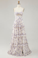Purple Floral Embroidered Cut Out Ruffled Long Wedding Guest Dress with Slit