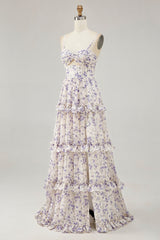 Purple Floral Embroidered Cut Out Ruffled Long Wedding Guest Dress with Slit