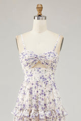 Purple Floral Embroidered Cut Out Ruffled Long Wedding Guest Dress with Slit