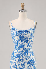 Blue Floral Mermaid Long Wedding Guest Dress