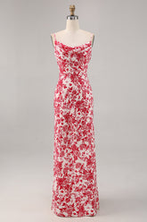 Red Mermaid Floral Long Wedding Guest Dress