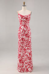 Red Mermaid Floral Long Wedding Guest Dress