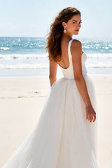 Ivory Chiffon Scoop Neck A Line Sweep Train Wedding Dress