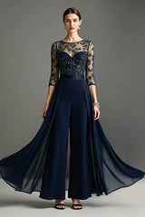 Navy Chiffon Mother of the Bride Pantsuits with Lace