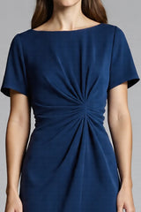 Navy Bodycon Ruched Midi Satin Work Dress with Short Sleeves