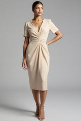 Champagne Bodycon V-Neck Midi Satin Work Dress with Short Sleeves