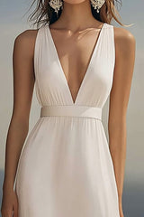 Ivory Deep V-Neck Chiffon Beach Maxi Engagement Dress
