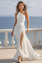Ivory Ruched One Shoulder Beach Maxi Engagement Dress with Slit