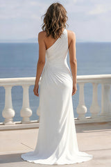 Ivory Ruched One Shoulder Beach Maxi Engagement Dress with Slit