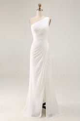 Ivory Ruched One Shoulder Beach Maxi Rehearsal Dinner Dress with Slit
