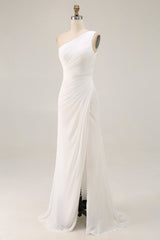 Ivory Ruched One Shoulder Beach Maxi Rehearsal Dinner Dress with Slit