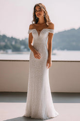 Sparkly Ivory Mermaid Sequin Maxi Rehearsal Dinner Dress