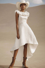Ivory High-Low A Line Boho Western Wedding Dress with Ruffles