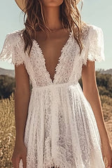 Ivory Short Sleeves Boho Lace High-Low Western Wedding Dress