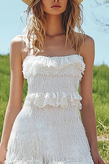 Boho Ivory Lace High-Low Western Wedding Dress with Ruffles