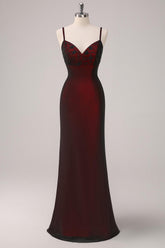 Black Red Sheath Spaghetti Straps Long Formal Dress with Beading