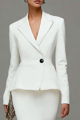 Ivory Satin Notched Lapel 2 Piece Midi Business Suits with Ruffles