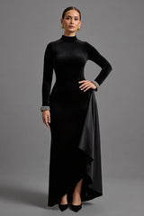 Black High Neck Velvet Long Holiday Party Dress with Sleeves