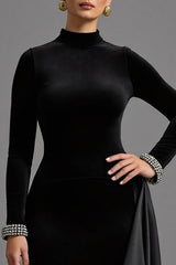 Black High Neck Velvet Long Holiday Party Dress with Sleeves