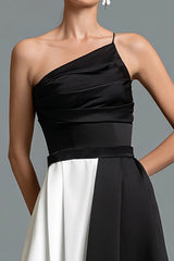 Black and White Satin Patchwork A Line Long Formal Dress