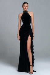 Sparkly Black Velvet High Neck Long Holiday Party Dress with Beading