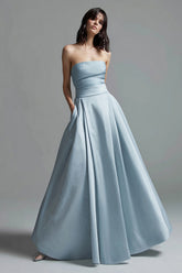 Sky Blue A Line Satin Strapless Ruched Long Formal Dress