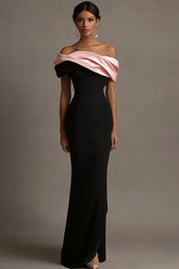 Black and Pink Satin Off the Shoulder Sheath Long Evening Dress