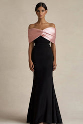 Black and Pink Satin Sheath Off the Shoulder Long Evening Dress