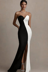 Black and White Sweetheart Satin Long Evening Dresses with Slit