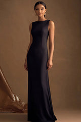 Simple Black Sheath Satin Boat Neck Long Evening Dress