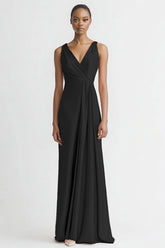 Black Satin A Line V Neck Long Evening Dress