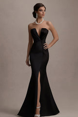 Black and White Mermaid Satin Strapless Elegant Long Evening Dress with Slit