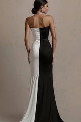 Black and White Mermaid Satin Strapless Elegant Long Evening Dress with Slit