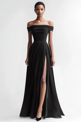 Black A Line Chiffon Off the Shoulder Long Evening Dress with Slit