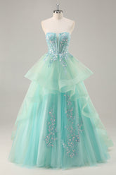 Sparkly Green Corset Strapless Long Prom Dress with Ruffles