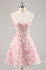 Sparkly Pink Corset Floral Sweetheart Short Homecoming Dress with Sequins
