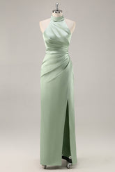 Sage Green Satin Halter Ruched Mermaid Long Bridesmaid Dress with Slit