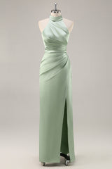 Sage Green Halter Mermaid Satin Long Bridesmaid Dress with Slit