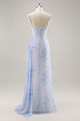 Blue Corset Floral Long Ruched Bridesmaid Dress with Slit