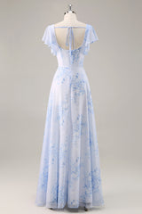 Blue Chiffon Floral Scoop Neck Ruffled Long Bridesmaid Dress with Slit