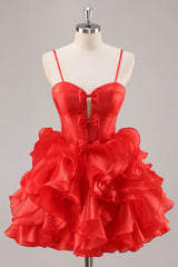 Red Corset Organza Short Ruffled Homecoming Dress with Bows