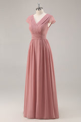 Dusty Rose Short Sleeves Chiffon Long Bridesmaid Dress