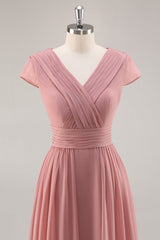 Dusty Rose Short Sleeves Chiffon Long Bridesmaid Dress