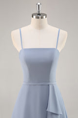 Dusty Blue Ruffled Chiffon A Line Long Bridesmaid Dress with Slit