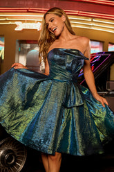 Sparkly Peacock Green Metallic Glitter Strapless Short Homecoming Dress
