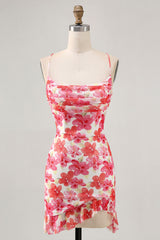 Red Floral Spaghetti Straps Ruched Tight Short Homecoming Dress