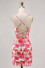 Red Floral Spaghetti Straps Ruched Tight Short Homecoming Dress