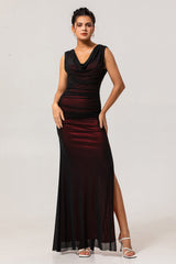 Black Red V-Neck Backless Long Bridesmaid Dress with Slit