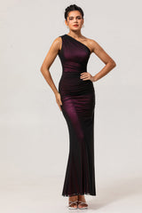 Black Pink Mermaid One Shoulder Long Bridesmaid Dress with Slit