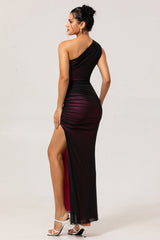 Black Pink Mermaid One Shoulder Long Bridesmaid Dress with Slit